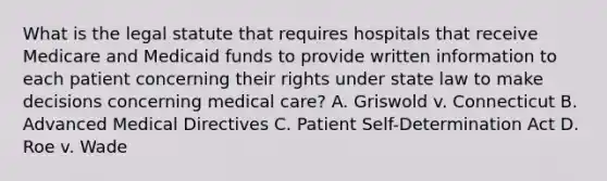 What is the legal statute that requires hospitals that receive Medicare and Medicaid funds to provide written information to each patient concerning their rights under state law to make decisions concerning medical care? A. Griswold v. Connecticut B. Advanced Medical Directives C. Patient Self-Determination Act D. Roe v. Wade