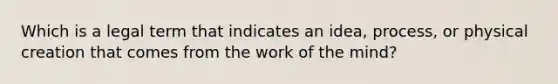 Which is a legal term that indicates an idea, process, or physical creation that comes from the work of the mind?