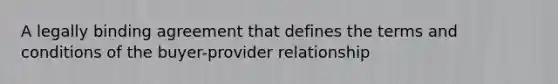 A legally binding agreement that defines the terms and conditions of the buyer-provider relationship