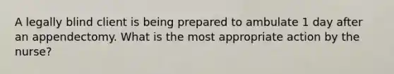 A legally blind client is being prepared to ambulate 1 day after an appendectomy. What is the most appropriate action by the nurse?