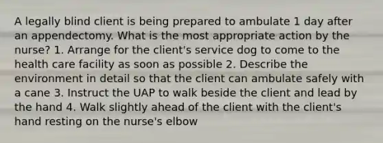 A legally blind client is being prepared to ambulate 1 day after an appendectomy. What is the most appropriate action by the nurse? 1. Arrange for the client's service dog to come to the health care facility as soon as possible 2. Describe the environment in detail so that the client can ambulate safely with a cane 3. Instruct the UAP to walk beside the client and lead by the hand 4. Walk slightly ahead of the client with the client's hand resting on the nurse's elbow