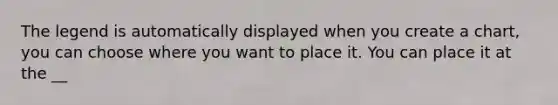The legend is automatically displayed when you create a chart, you can choose where you want to place it. You can place it at the __