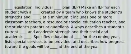 ____ legislation. Individual ____ plan (IEP) Make an IEP for each student with a ____ created by a team who knows the student's strengths and ____ ; at a minimum it includes one or more classroom teachers, a resource or special education teacher, and the student's parents or guardians. Always describes a student's current ____ and academic strength and their social and academic ____. Specifies educational ____ for the coming year, lists special services to be provided, and describes how progress toward the goals will be ____ at the end of the year