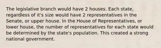 The legislative branch would have 2 houses. Each state, regardless of it's size would have 2 representatives in the Senate, or upper house. In the House of Representatives, or lower house, the number of representatives for each state would be determined by the state's population. This created a strong national government.