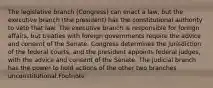 The legislative branch (Congress) can enact a law, but the executive branch (the president) has the constitutional authority to veto that law. The executive branch is responsible for foreign affairs, but treaties with foreign governments require the advice and consent of the Senate. Congress determines the jurisdiction of the federal courts, and the president appoints federal judges, with the advice and consent of the Senate. The judicial branch has the power to hold actions of the other two branches unconstitutional.Footnote