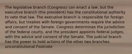 The legislative branch (Congress) can enact a law, but the executive branch (the president) has the constitutional authority to veto that law. The executive branch is responsible for foreign affairs, but treaties with foreign governments require the advice and consent of the Senate. Congress determines the jurisdiction of the federal courts, and the president appoints federal judges, with the advice and consent of the Senate. The judicial branch has the power to hold actions of the other two branches unconstitutional.Footnote