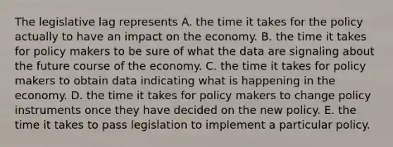 The legislative lag represents A. the time it takes for the policy actually to have an impact on the economy. B. the time it takes for policy makers to be sure of what the data are signaling about the future course of the economy. C. the time it takes for policy makers to obtain data indicating what is happening in the economy. D. the time it takes for policy makers to change policy instruments once they have decided on the new policy. E. the time it takes to pass legislation to implement a particular policy.