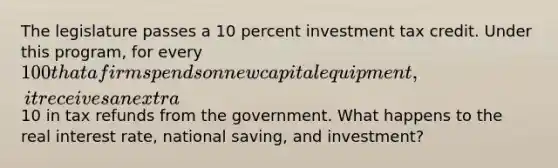 The legislature passes a 10 percent investment tax credit. Under this program, for every 100 that a firm spends on new capital equipment, it receives an extra10 in tax refunds from the government. What happens to the real interest rate, national saving, and investment?