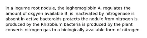 in a legume root nodule, the leghemoglobin A. regulates the amount of oxgyen available B. is inactivated by nitrogenase is absent in active bacteroids protects the nodule from nitrogen is produced by the Rhizobium bacteria is produced by the plant converts nitrogen gas to a biologically available form of nitrogen