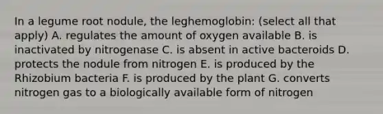 In a legume root nodule, the leghemoglobin: (select all that apply) A. regulates the amount of oxygen available B. is inactivated by nitrogenase C. is absent in active bacteroids D. protects the nodule from nitrogen E. is produced by the Rhizobium bacteria F. is produced by the plant G. converts nitrogen gas to a biologically available form of nitrogen