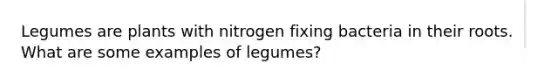 Legumes are plants with nitrogen fixing bacteria in their roots. What are some examples of legumes?