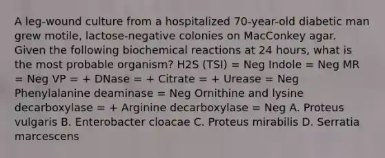 A leg-wound culture from a hospitalized 70-year-old diabetic man grew motile, lactose-negative colonies on MacConkey agar. Given the following biochemical reactions at 24 hours, what is the most probable organism? H2S (TSI) = Neg Indole = Neg MR = Neg VP = + DNase = + Citrate = + Urease = Neg Phenylalanine deaminase = Neg Ornithine and lysine decarboxylase = + Arginine decarboxylase = Neg A. Proteus vulgaris B. Enterobacter cloacae C. Proteus mirabilis D. Serratia marcescens