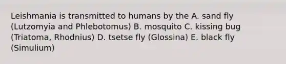 Leishmania is transmitted to humans by the A. sand fly (Lutzomyia and Phlebotomus) B. mosquito C. kissing bug (Triatoma, Rhodnius) D. tsetse fly (Glossina) E. black fly (Simulium)