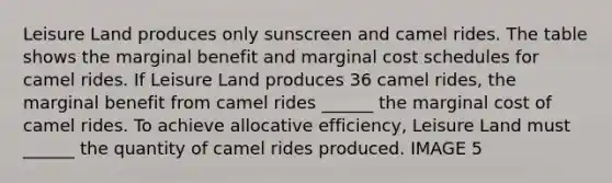 Leisure Land produces only sunscreen and camel rides. The table shows the marginal benefit and marginal cost schedules for camel rides. If Leisure Land produces 36 camel rides​, the marginal benefit from camel rides ​______ the marginal cost of camel rides. To achieve allocative​ efficiency, Leisure Land must​ ______ the quantity of camel rides produced. IMAGE 5