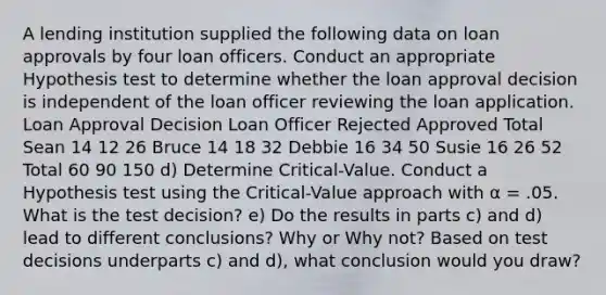 A lending institution supplied the following data on loan approvals by four loan officers. Conduct an appropriate Hypothesis test to determine whether the loan approval decision is independent of the loan officer reviewing the loan application. Loan Approval Decision Loan Officer Rejected Approved Total Sean 14 12 26 Bruce 14 18 32 Debbie 16 34 50 Susie 16 26 52 Total 60 90 150 d) Determine Critical-Value. Conduct a Hypothesis test using the Critical-Value approach with α = .05. What is the test decision? e) Do the results in parts c) and d) lead to different conclusions? Why or Why not? Based on test decisions underparts c) and d), what conclusion would you draw?