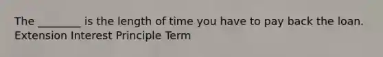 The ________ is the length of time you have to pay back the loan. Extension Interest Principle Term