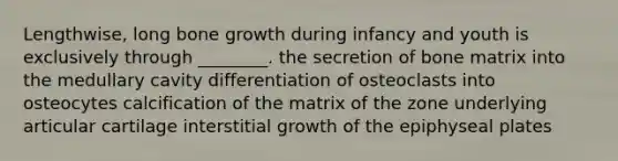 Lengthwise, long bone growth during infancy and youth is exclusively through ________. the secretion of bone matrix into the medullary cavity differentiation of osteoclasts into osteocytes calcification of the matrix of the zone underlying articular cartilage interstitial growth of the epiphyseal plates