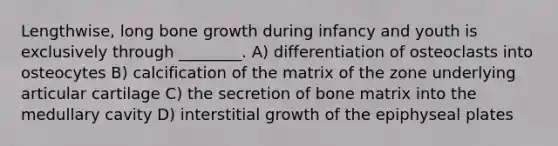 Lengthwise, long bone growth during infancy and youth is exclusively through ________. A) differentiation of osteoclasts into osteocytes B) calcification of the matrix of the zone underlying articular cartilage C) the secretion of bone matrix into the medullary cavity D) interstitial growth of the epiphyseal plates