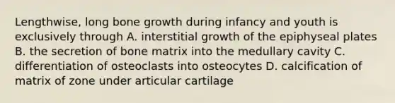 Lengthwise, long bone growth during infancy and youth is exclusively through A. interstitial growth of the epiphyseal plates B. the secretion of bone matrix into the medullary cavity C. differentiation of osteoclasts into osteocytes D. calcification of matrix of zone under articular cartilage