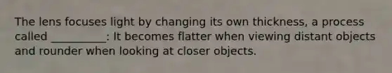 The lens focuses light by changing its own thickness, a process called __________: It becomes flatter when viewing distant objects and rounder when looking at closer objects.