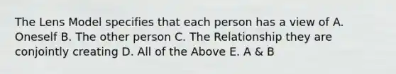 The Lens Model specifies that each person has a view of A. Oneself B. The other person C. The Relationship they are conjointly creating D. All of the Above E. A & B