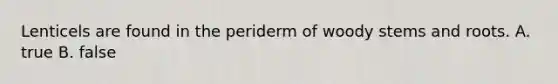 Lenticels are found in the periderm of woody stems and roots. A. true B. false