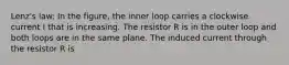 Lenz's law: In the figure, the inner loop carries a clockwise current I that is increasing. The resistor R is in the outer loop and both loops are in the same plane. The induced current through the resistor R is