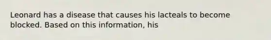 Leonard has a disease that causes his lacteals to become blocked. Based on this information, his