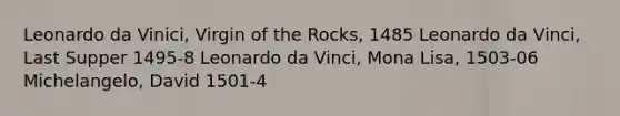 Leonardo da Vinici, Virgin of the Rocks, 1485 Leonardo da Vinci, Last Supper 1495-8 Leonardo da Vinci, Mona Lisa, 1503-06 Michelangelo, David 1501-4