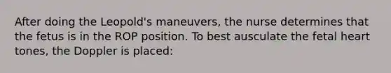 After doing the Leopold's maneuvers, the nurse determines that the fetus is in the ROP position. To best ausculate the fetal heart tones, the Doppler is placed: