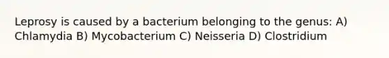 Leprosy is caused by a bacterium belonging to the genus: A) Chlamydia B) Mycobacterium C) Neisseria D) Clostridium