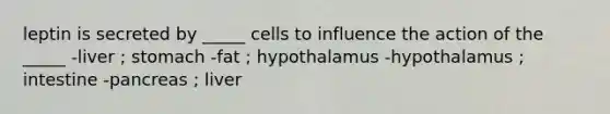 leptin is secreted by _____ cells to influence the action of the _____ -liver ; stomach -fat ; hypothalamus -hypothalamus ; intestine -pancreas ; liver