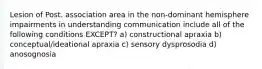 Lesion of Post. association area in the non-dominant hemisphere impairments in understanding communication include all of the following conditions EXCEPT? a) constructional apraxia b) conceptual/ideational apraxia c) sensory dysprosodia d) anosognosia