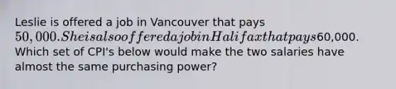 Leslie is offered a job in Vancouver that pays 50,000. She is also offered a job in Halifax that pays60,000. Which set of CPI's below would make the two salaries have almost the same purchasing power?