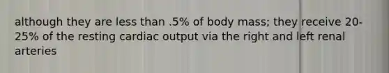 although they are less than .5% of body mass; they receive 20-25% of the resting cardiac output via the right and left renal arteries