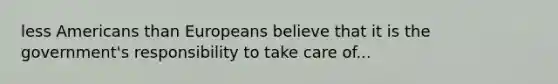 less Americans than Europeans believe that it is the government's responsibility to take care of...