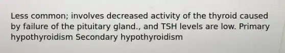 Less common; involves decreased activity of the thyroid caused by failure of the pituitary gland., and TSH levels are low. Primary hypothyroidism Secondary hypothyroidism