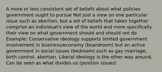 A more or less consistent set of beliefs about what policies government ought to pursue Not just a view on one particular issue such as abortion, but a set of beliefs that taken together comprise an individual's view of the world and more specifically their view on what government should and should not do Example: Conservative ideology supports limited government involvement in business/economy (boardroom) but an active government in social issues (bedroom) such as gay marriage, birth control, abortion. Liberal ideology is the other way around. Can be seen as what divides us (position issues)