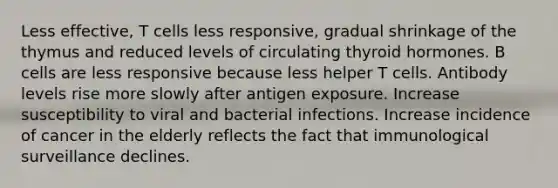 Less effective, T cells less responsive, gradual shrinkage of the thymus and reduced levels of circulating thyroid hormones. B cells are less responsive because less helper T cells. Antibody levels rise more slowly after antigen exposure. Increase susceptibility to viral and bacterial infections. Increase incidence of cancer in the elderly reflects the fact that immunological surveillance declines.