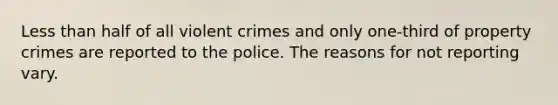 Less than half of all violent crimes and only one-third of property crimes are reported to the police. The reasons for not reporting vary.