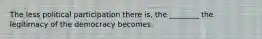 The less political participation there is, the ________ the legitimacy of the democracy becomes.
