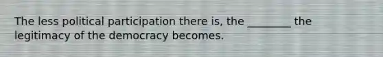 The less political participation there is, the ________ the legitimacy of the democracy becomes.