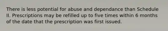 There is less potential for abuse and dependance than Schedule II. Prescriptions may be refilled up to five times within 6 months of the date that the prescription was first issued.