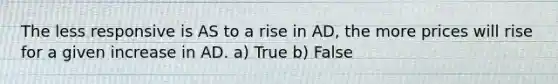 The less responsive is AS to a rise in AD, the more prices will rise for a given increase in AD. a) True b) False