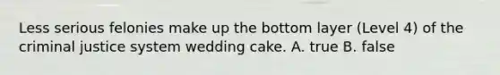 Less serious felonies make up the bottom layer (Level 4) of the criminal justice system wedding cake. A. true B. false