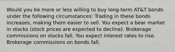 Would you be more or less willing to buy​ long-term AT&T bonds under the following​ circumstances: Trading in these bonds​ increases, making them easier to sell. You expect a bear market in stocks​ (stock prices are expected to​ decline). Brokerage commissions on stocks fall. You expect interest rates to rise. Brokerage commissions on bonds fall.