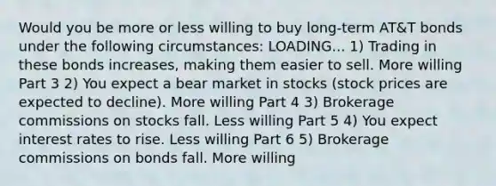 Would you be more or less willing to buy​ long-term AT&T bonds under the following​ circumstances: LOADING... 1) Trading in these bonds​ increases, making them easier to sell. More willing Part 3 2) You expect a bear market in stocks​ (stock prices are expected to​ decline). More willing Part 4 3) Brokerage commissions on stocks fall. Less willing Part 5 4) You expect interest rates to rise. Less willing Part 6 5) Brokerage commissions on bonds fall. More willing