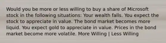 Would you be more or less willing to buy a share of Microsoft stock in the following​ situations: Your wealth falls. You expect the stock to appreciate in value. The bond market becomes more liquid. You expect gold to appreciate in value. Prices in the bond market become more volatile. More Willing | Less Willing