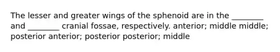 The lesser and greater wings of the sphenoid are in the ________ and ________ cranial fossae, respectively. anterior; middle middle; posterior anterior; posterior posterior; middle