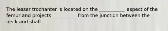 The lesser trochanter is located on the ___________ aspect of the femur and projects __________ from the junction between the neck and shaft.